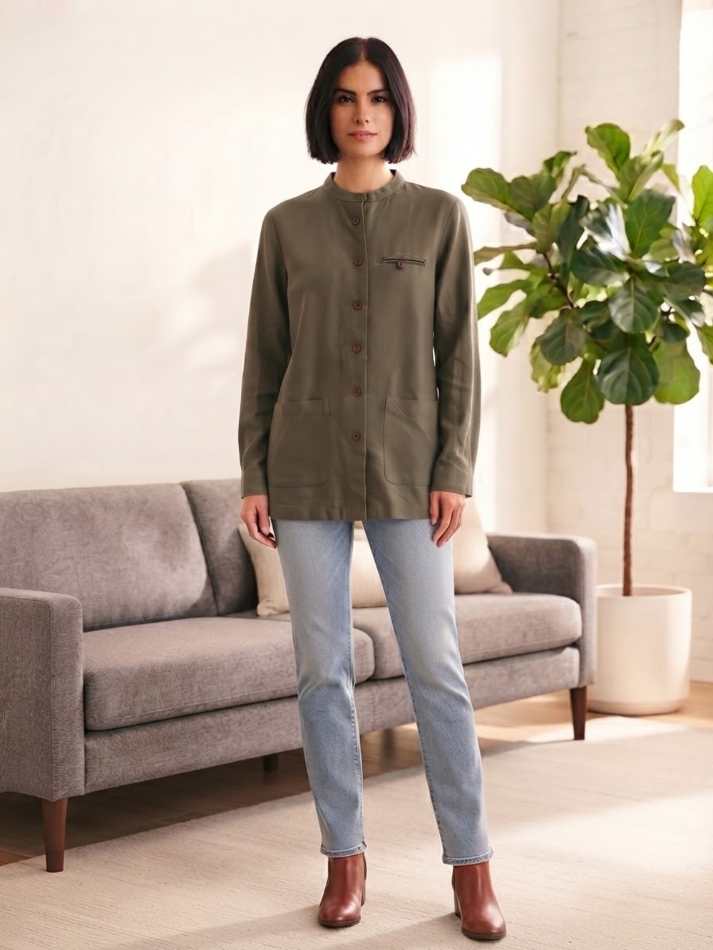 Laundry by Shelli Segal Olive Green Button Down Long Tunic Blouse Size S
